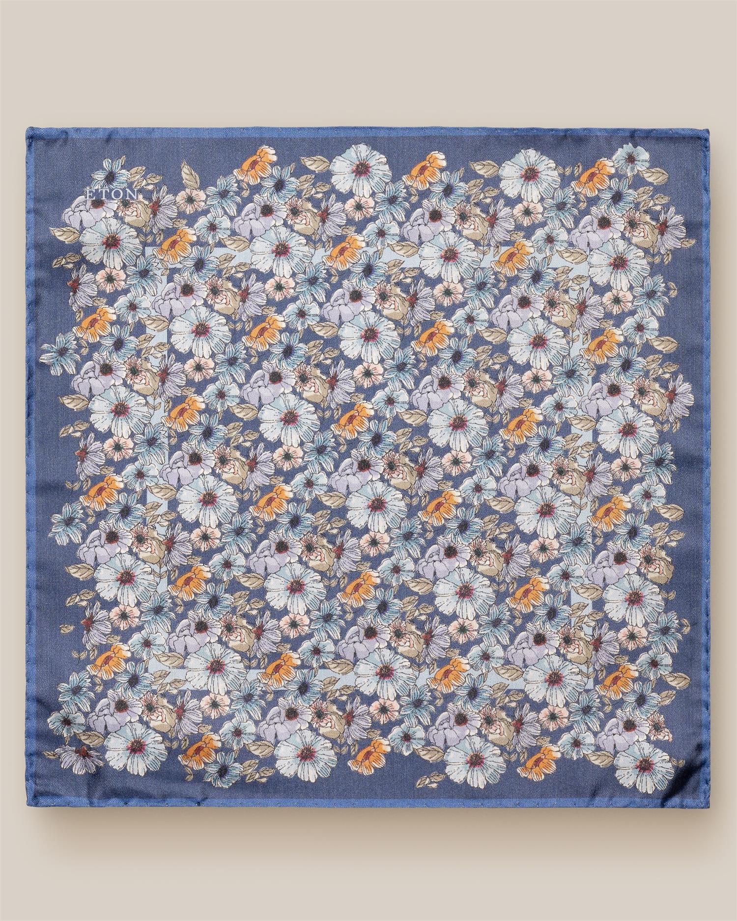 Mid Blue Floral Tussah Silk Pocket Square