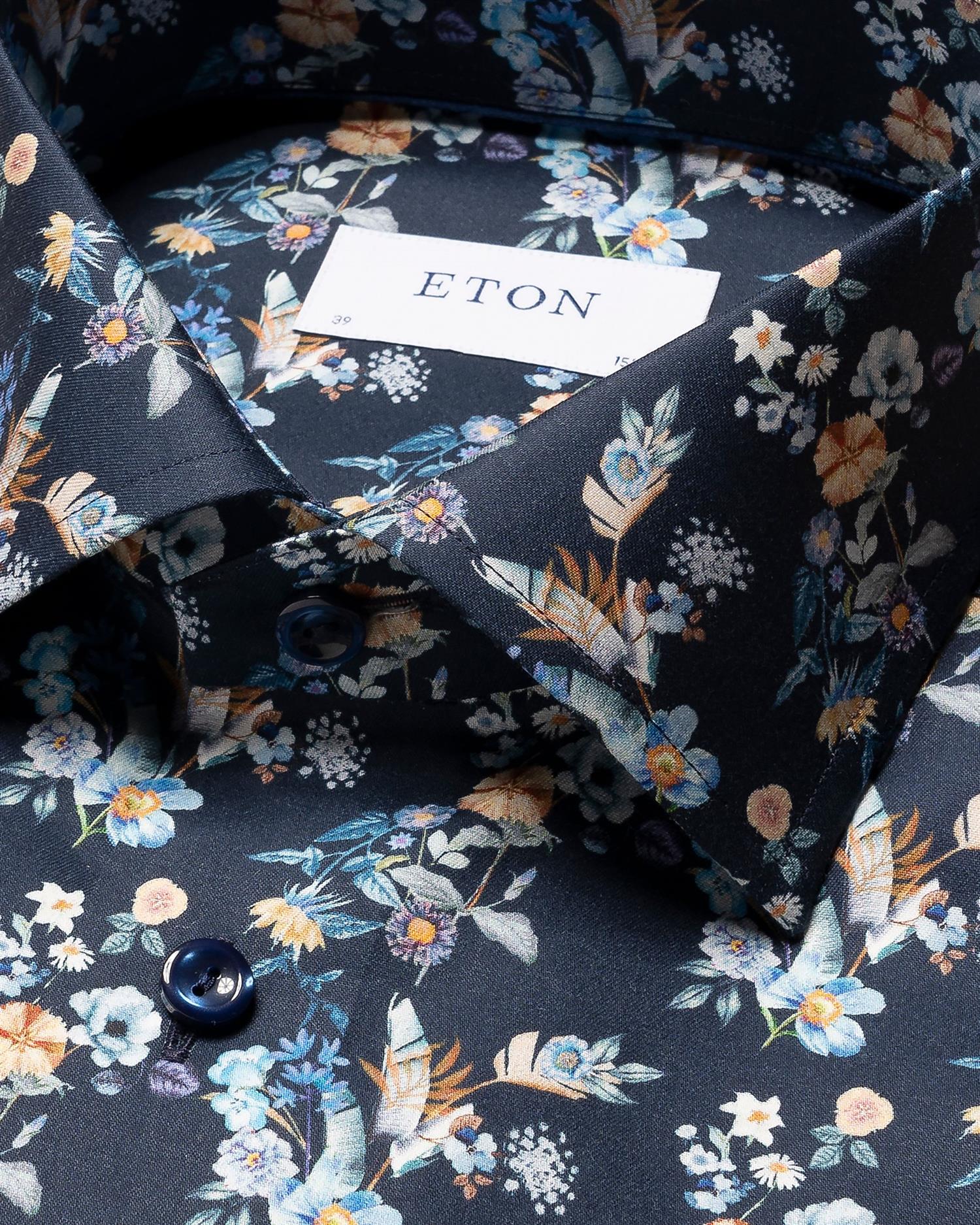 SLIM Navy Blue Floral Print Twill Shirt