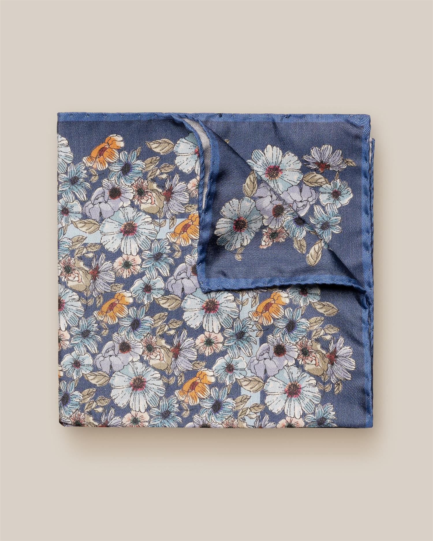 Mid Blue Floral Tussah Silk Pocket Square