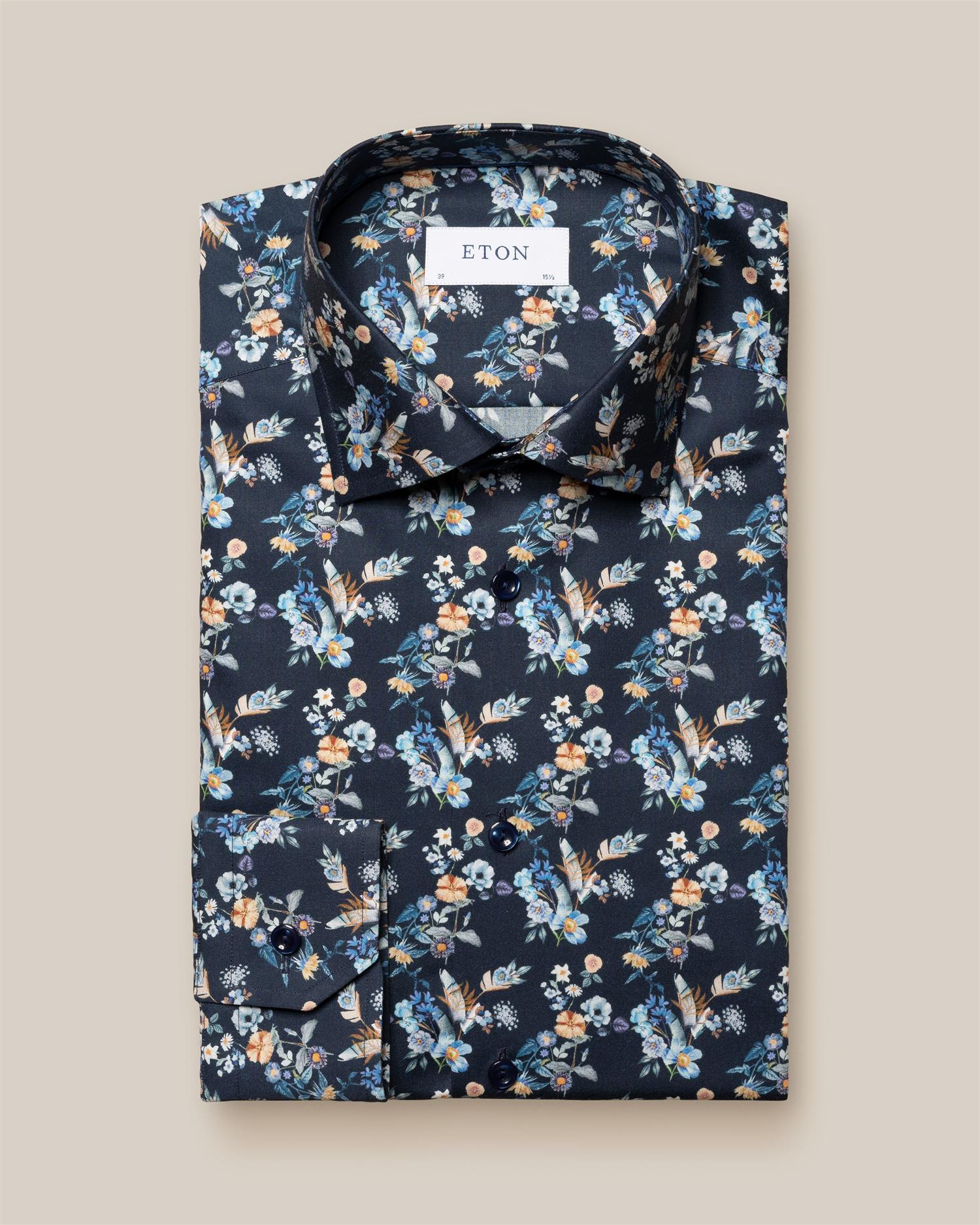 SLIM Navy Blue Floral Print Twill Shirt